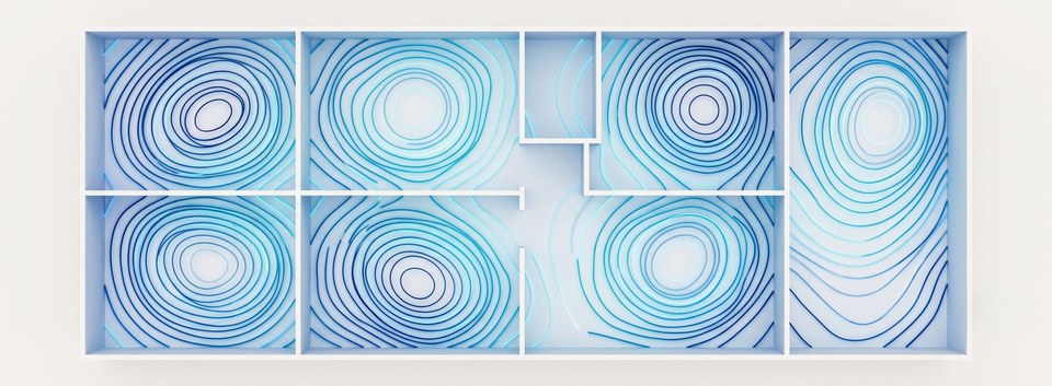 AI Fingerprinting: a floor plan seen from above where each room carries its own distinctive pattern of signal-strength contours, like a radio fingerprint