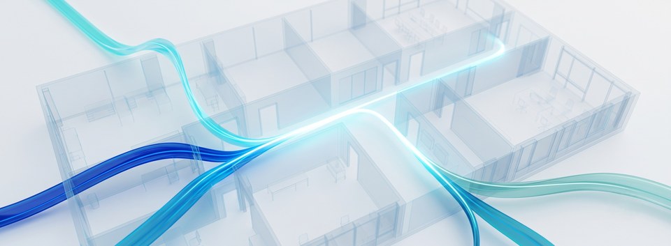 Multi-sensor fusion: translucent data streams arriving from different directions and merging into a single clear movement trajectory through an indoor space