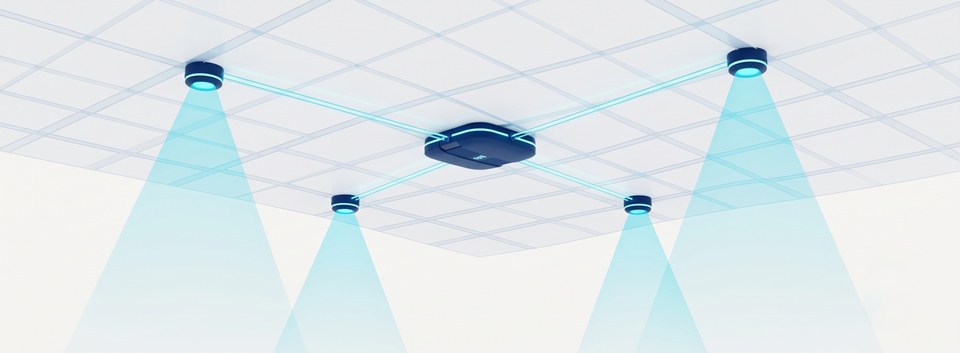 One locator extending to four read heads: a ceiling-mounted central locator wired to four small read heads, each covering an area below