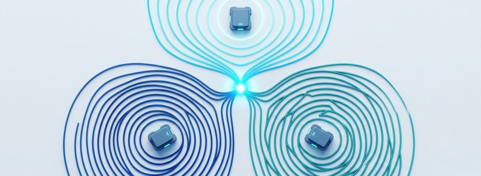 Support for multiple technologies: three sets of concentric waves of different wavelengths and colours emitted by three devices, converging into a single position result